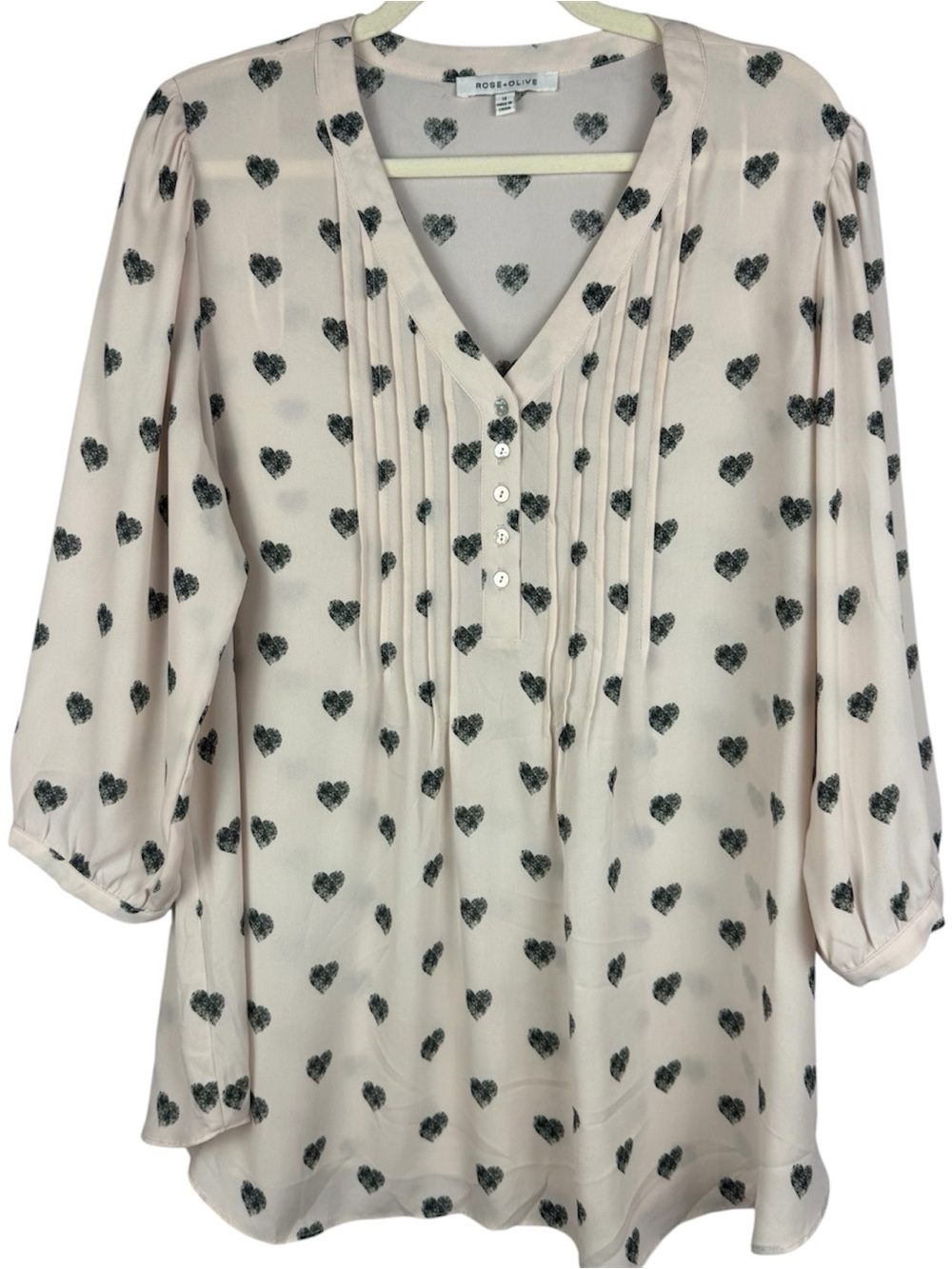 Rose + Olive Pink Heart Print Pintuck V-Neck Blouse 1X